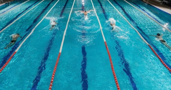 Visuel d'une nageuse dans une piscine olympique avec le corp sous l'eau en apnée
