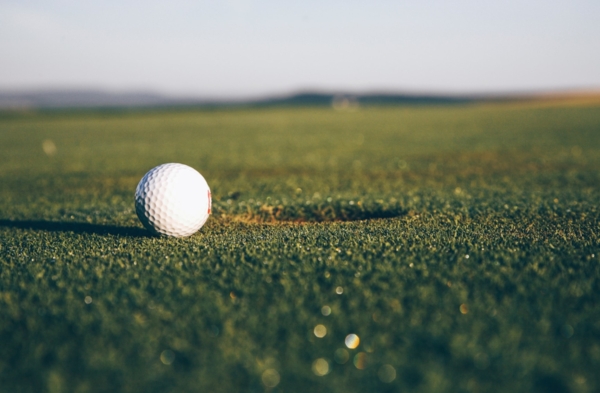 Balle et club de golf sur un green avec l'herbe bien verte