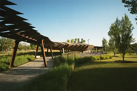 Mobilier urbain architectural au cœur d’un espace vert, reflet d’une approche durable et fonctionnelle de l’aménagement public